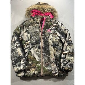 Mossy Oak Mountain Country Camo Pink Puffer Jacket Removable Hood Faux Fur Med